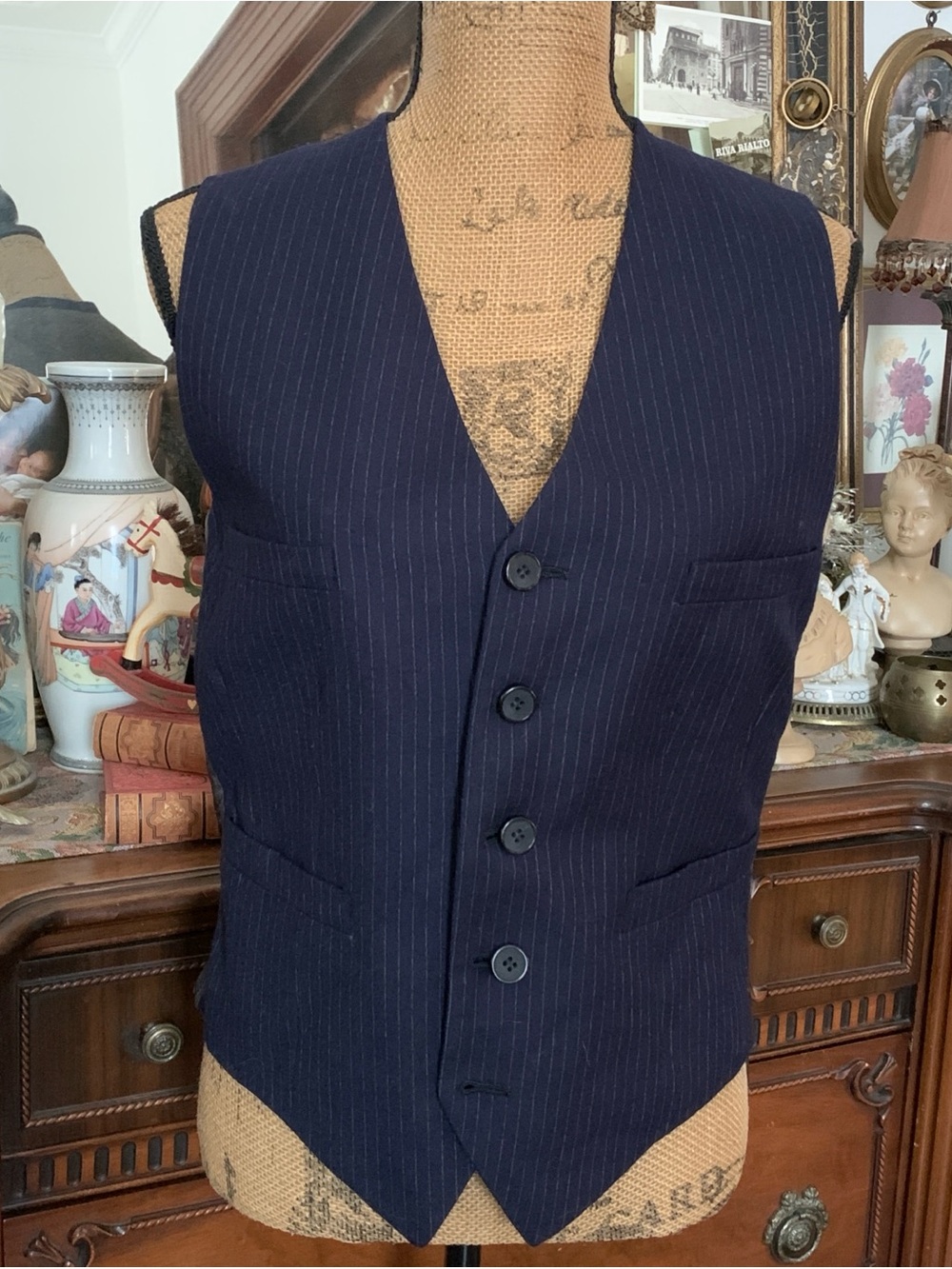 Vintage 90's? Boho Menswear Navy Blue Wool? Pin-Striped Suit Vest
